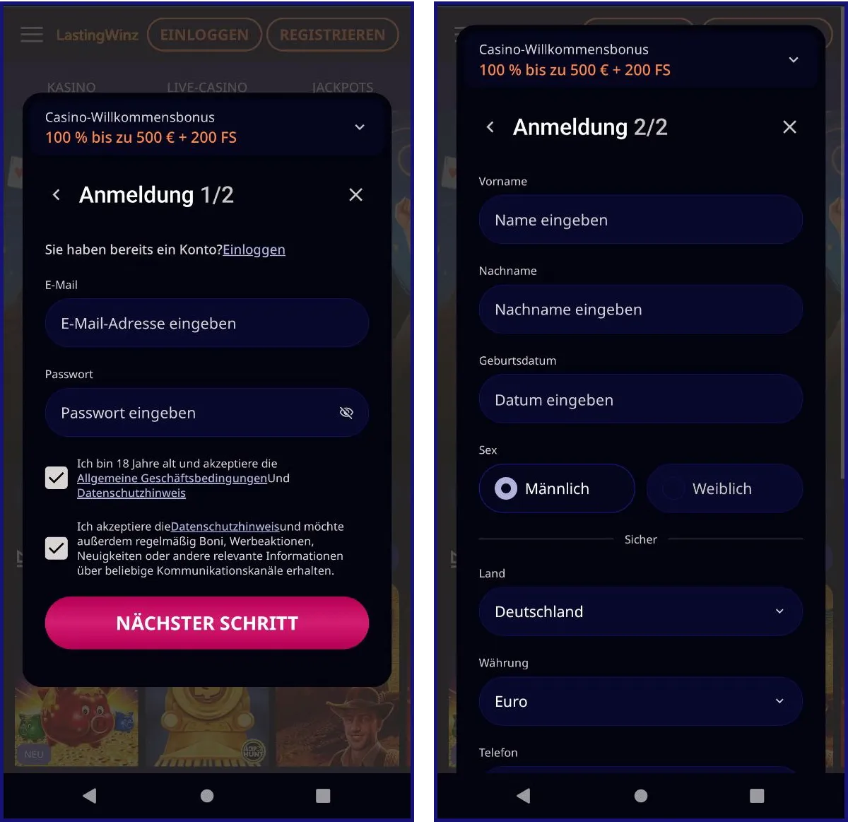 Registrierung und Spielstart bei LastingWinz Casino