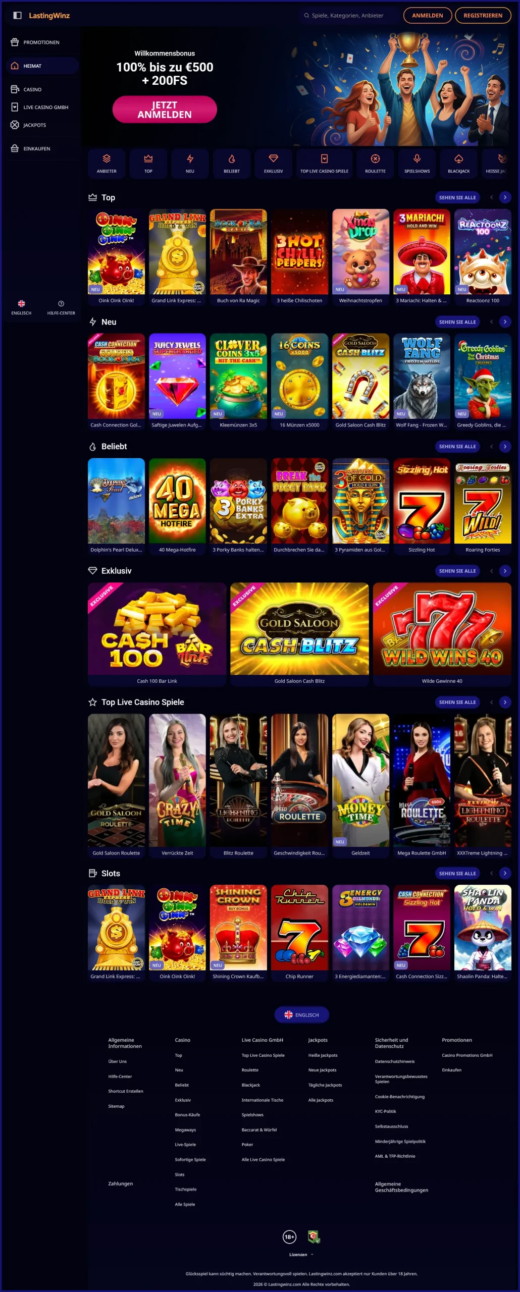 Kompakte Übersicht der Hauptkategorien von LastingWinz Casino